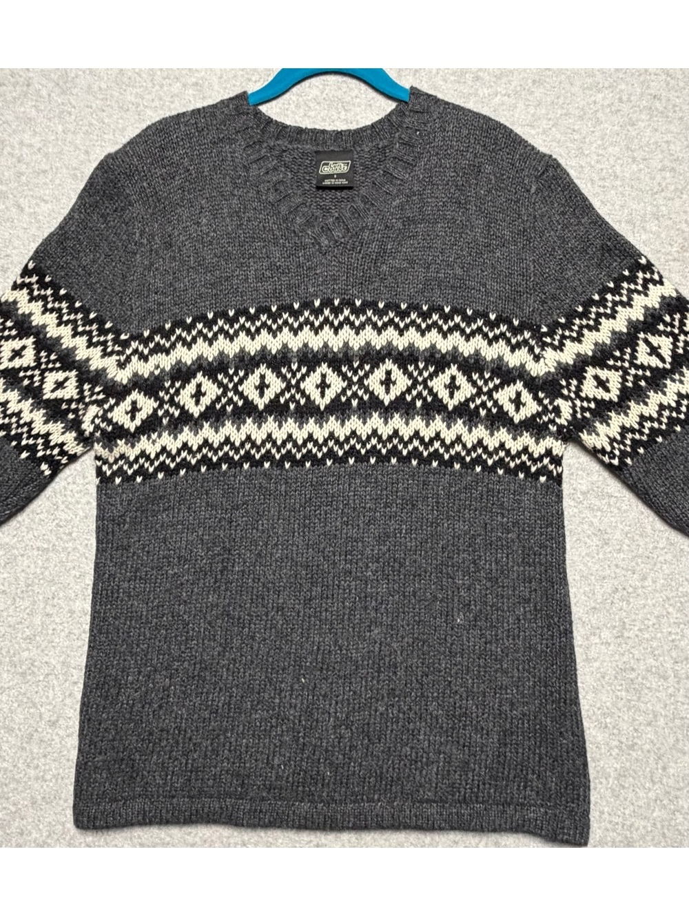 Left Coast Fair Isle Nordic Men’s Sweater Small Gray Ramie Wool Blend V Neck